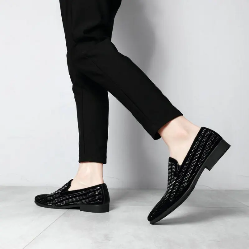 Male Pointed toe flats Driving Shoes Loafers Fashion Men dress shoes Rhinestone Black Party Wedding big size 47 LM-70Z | Обувь
