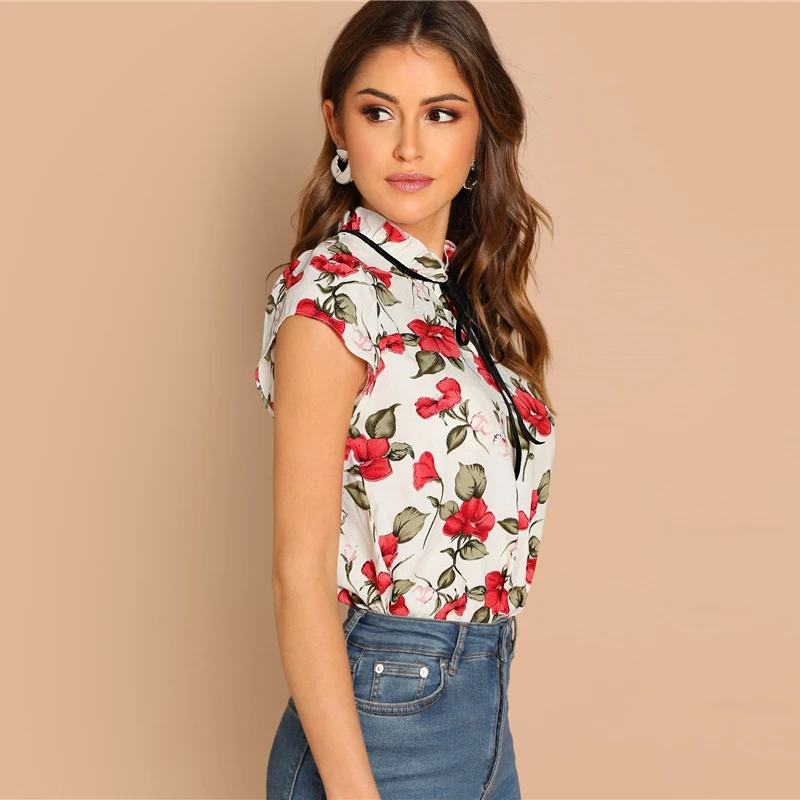 SHEIN Топ С Воротником-Бантом И Цветочным Принтом Женская Многоцветная Летняя Богемная Блузка Со Стоячим Воротником