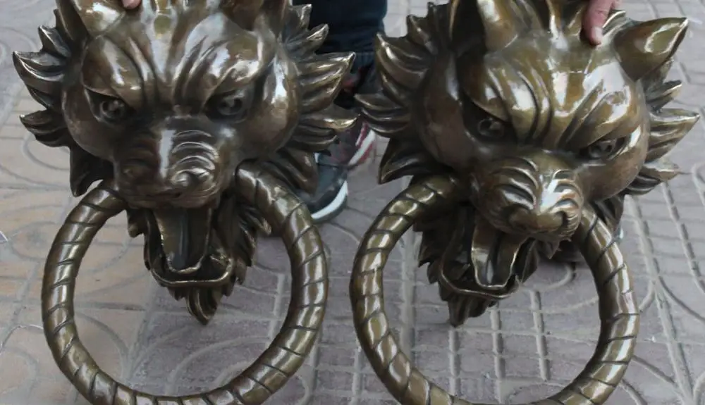 17" Chinese BRASS Guardian Foo Fu Dog Lion Head Knocker Doorknocker Statue Pair | Дом и сад