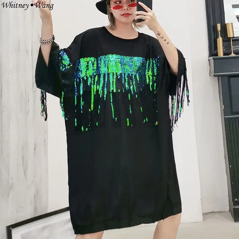 WHITNEY WANG/летнее платье 2019 модное уличное с блестками и кисточками в стиле пэчворк