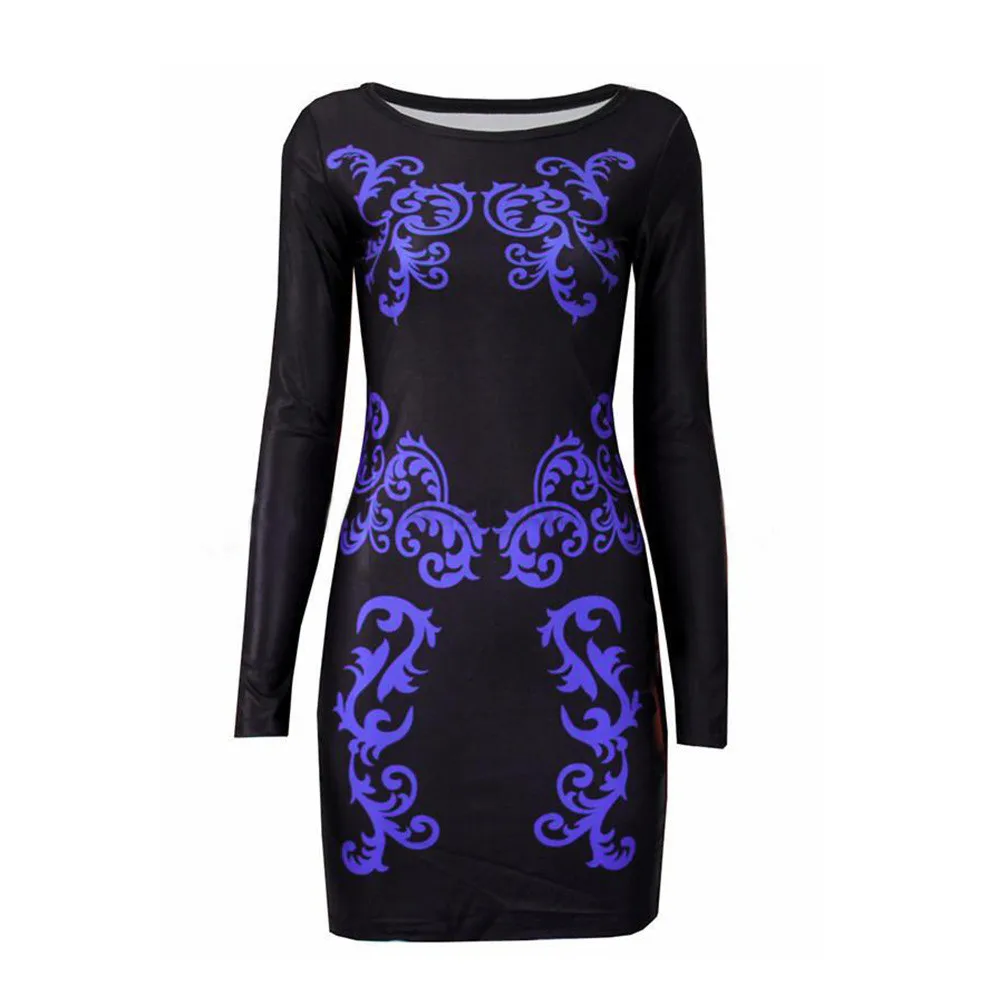 Женское платье-карандаш Feitong черное/фиолетовое облегающее с длинным рукавом и