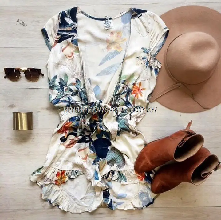 

2017 new fashion women brand Print casual rompers Deep v-neck summer flouncing leisure palysuit Plus Size