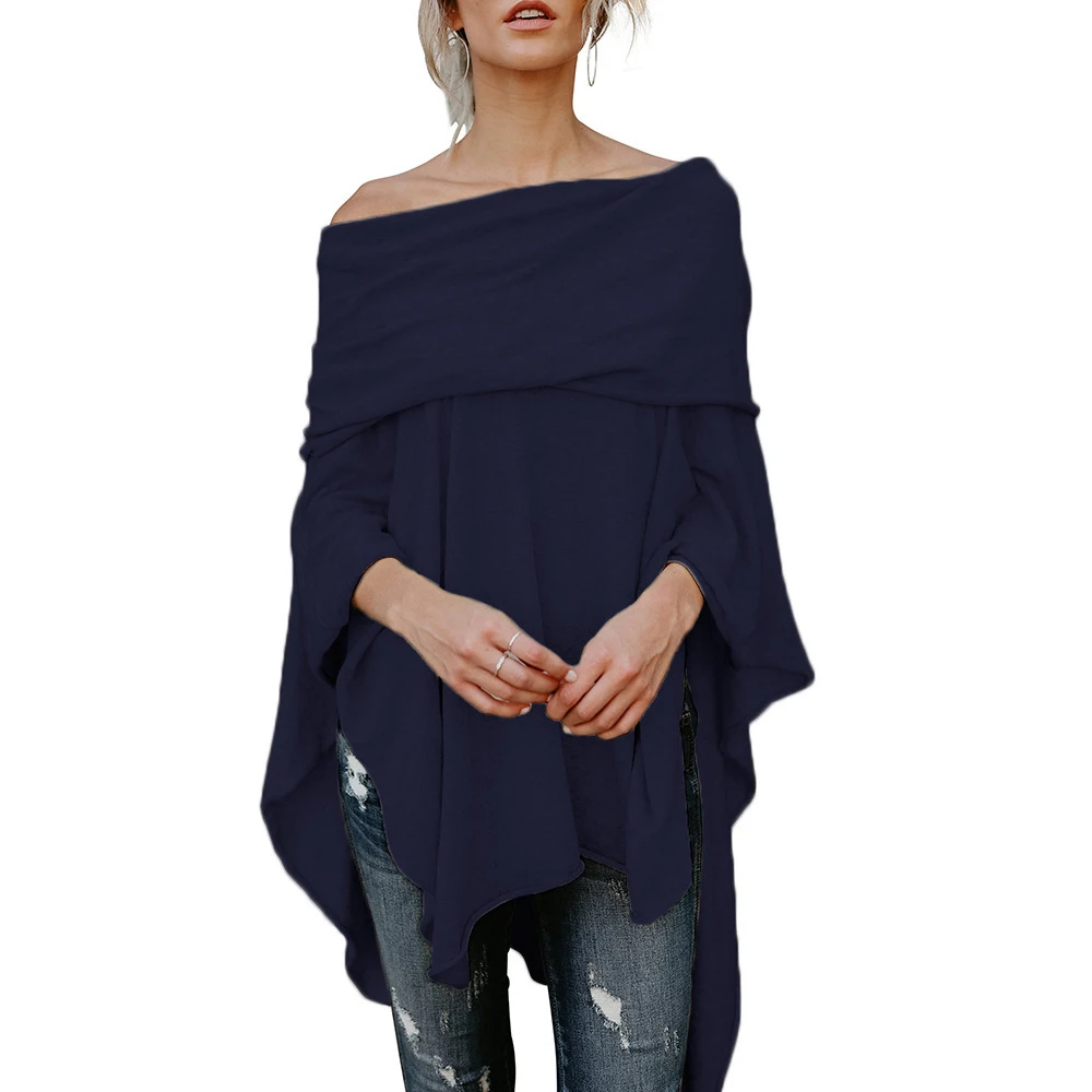 Women Cloak T shirts Asymmetrical Tops Sexy Off Shoulder Shawl tshirt Slash Neck Loose T-shirts Female WDC1439 | Женская одежда