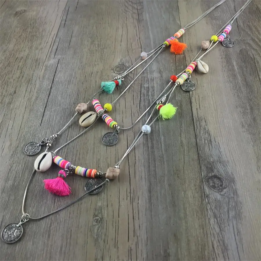 Богемное ожерелье с кисточкой Двухслойное серебряная цепочка длинное для монет