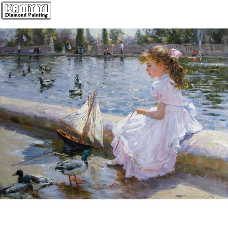 Алмазная живопись 5D сделай сам с изображением девушки играющей у реки вышивка