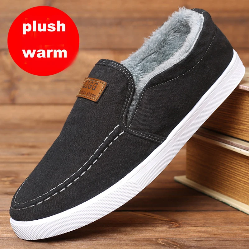 Winter Men's Casual Shoes Canvas Autumn Warm Short Plush Breathable Slip On Black Designer Fur Male Boots Men | Обувь