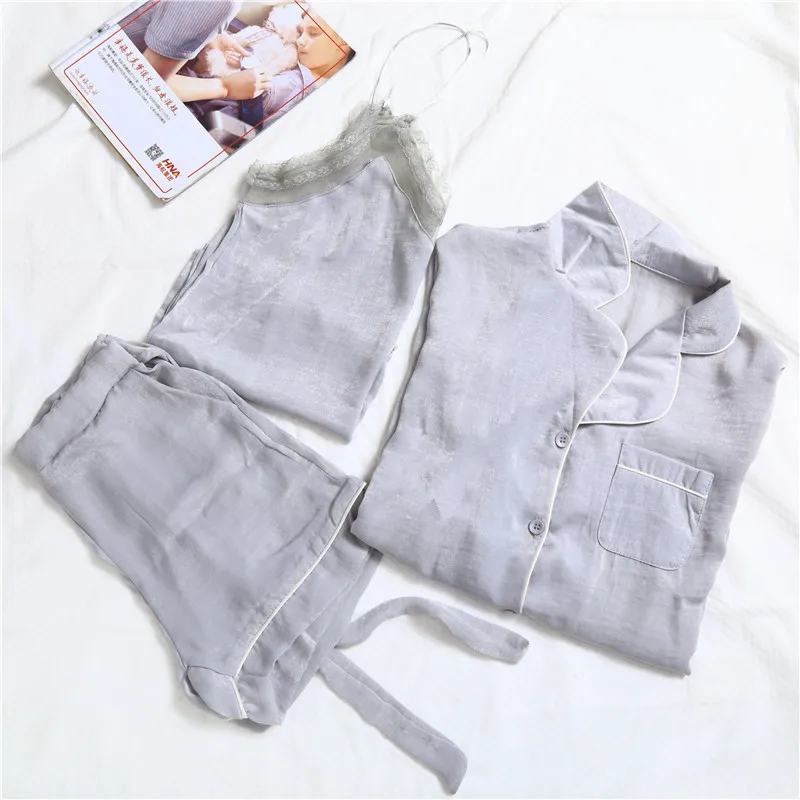 N Летняя женская шелковая пижама с принтом снега и лотоса удобный комплект из 3