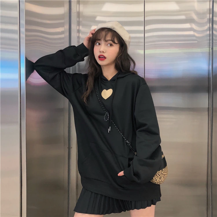 Женская одежда в Корейском стиле Harajuku с принтом в виде сердца ulzzang, женские толстовки без бретелек, толстовки с длинными рукавами