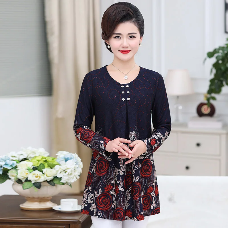 5xl floral top tshirt for women 2020 spring fall new plus size middle age mother long sleeve pullover casual loose bottom shirt | Женская
