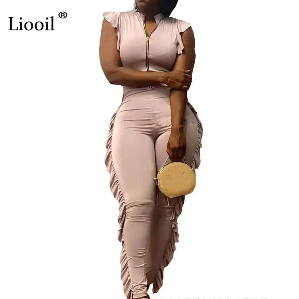 Liooil Sexy Skinny Ruffle Rompers Womens Jumpsuit Long Pants Short Sleeve Zipper Bodycon Party African Woman Jumpsuits Overalls