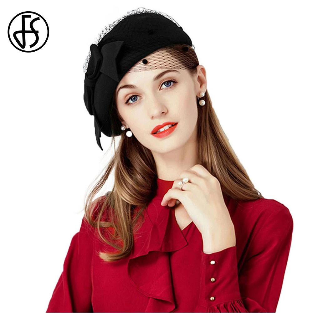 

FS Luxury Fascinators Black Wine Red Wedding Pillbox Hat For Women Wool Fedora Ladies Church Dress Bow Veil Sinamay Derby Hats