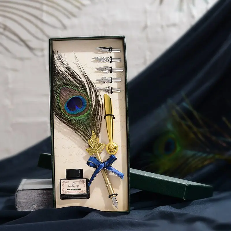 

Vintage Quill Peacock Feather Dip Pen Set Fountain Caligraphy Pens with Ink Bottle 5 Nib Gift Box Stationery Wedding Gift