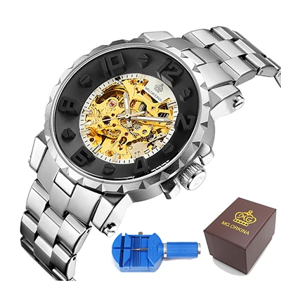 Silver Black White MG ORKINA мужские часы Скелет автоматические механические наручные часы из нержавеющей стали ремешок мужские часы+ подарочная коробка - Цвет: Silver Black White