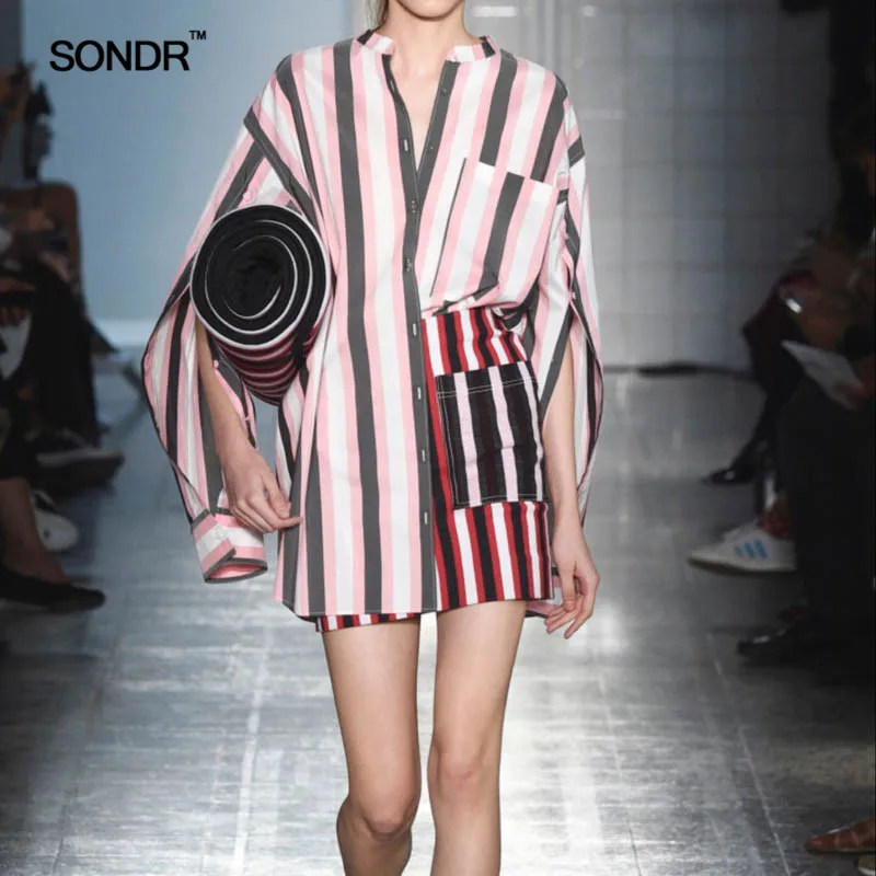 

SONDR 2019 spring/summer women's new open-sleeved long-sleeved large-pocket cotton pink stripe blouse
