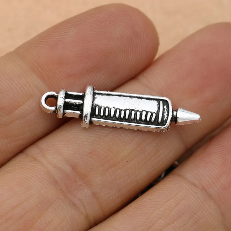 KJjewel Antique Silver Plated Syringe Injector Charms Pendants for Jewelry Making Bracelet Accessories Diy 27x8mm 10pcs/lot | Украшения и