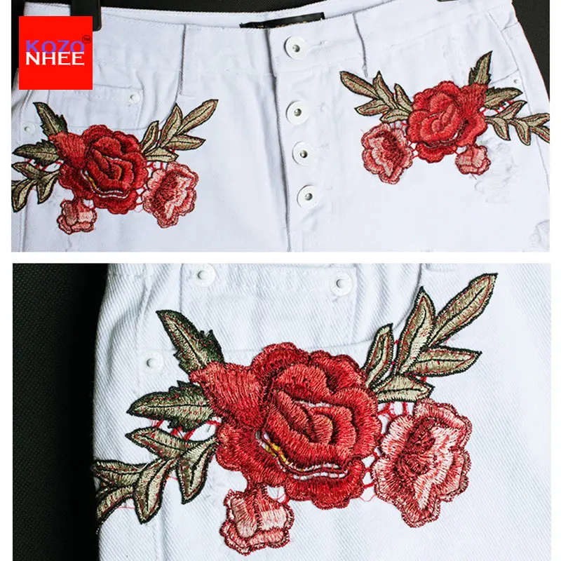Летние белые рваные джинсовые шорты с вышивкой розы и высокой талией модные