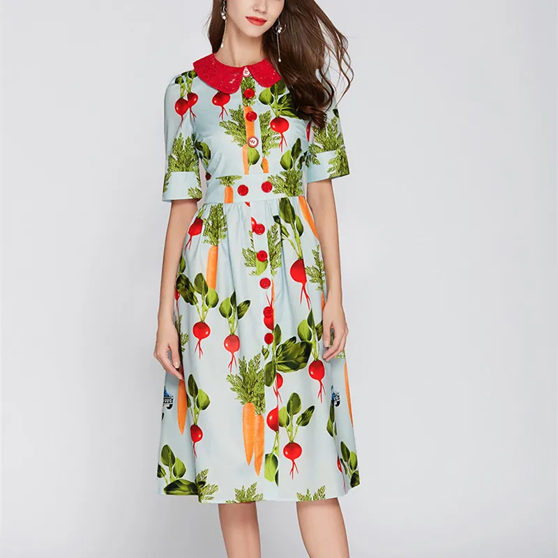 BLLOCUE High Quality Fashion Designer Runway Dress 2020 Summer Women's Short Sleeve Turn-Down Collar Printed Lace | Женская одежда