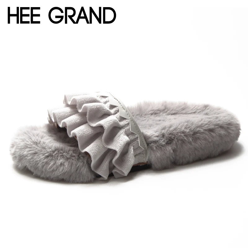 HEE GRAND/меховые тапочки с оборками обувь на платформе женская толстой мягкой