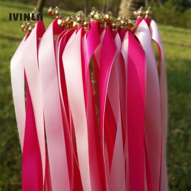 50 шт./лот fushia и розовая лента свадебные палочки с золотыми колокольчиками для