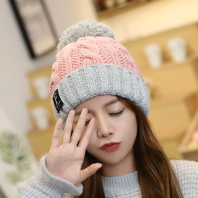 Winter Keep Warm Knitted Hat Women Outdoor Warm Double Color Cap Female Creative Pompom Decoration Cap Beanies