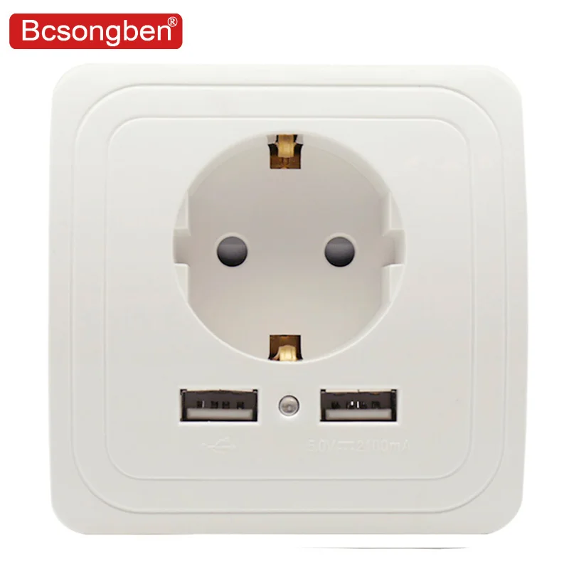 eu socket Bcsongben, двойной USB порт, настенное зарядное устройство, адаптер для зарядки, 2А, настенное зарядное устройство, адаптер, штепсельная розетка европейского стандарта, розетка, черная, белая, серебристая - Тип: eu socket