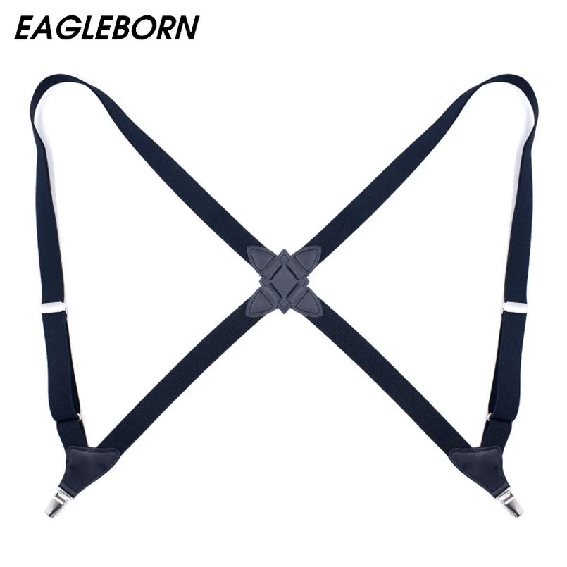 Подтяжки мужские с двумя зажимами эластичные темно-синие крестообразные ремни