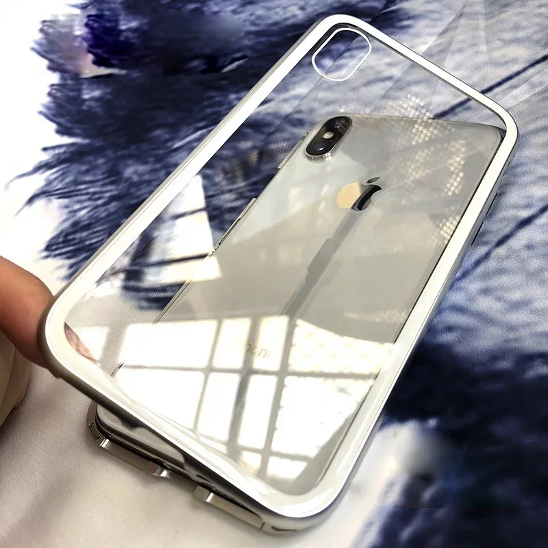 Магнитный адсорбционный чехол для IPhone X 8 7 Plus прозрачный из закаленного стекла 360