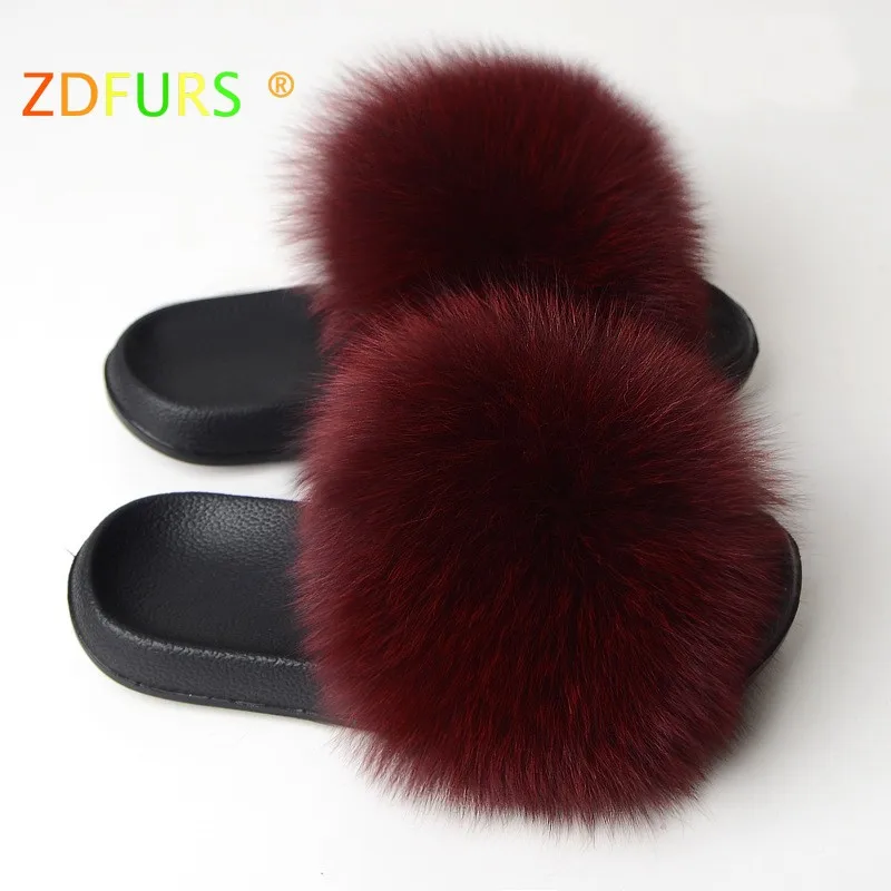 wine red ZDFURS* ; Лидер продаж; летние шлепанцы из лисьего меха; модные шлепанцы из ЭВА с натуральным мехом; женская пляжная обувь; женские Вьетнамки; яркие цвета - Цвет: wine red
