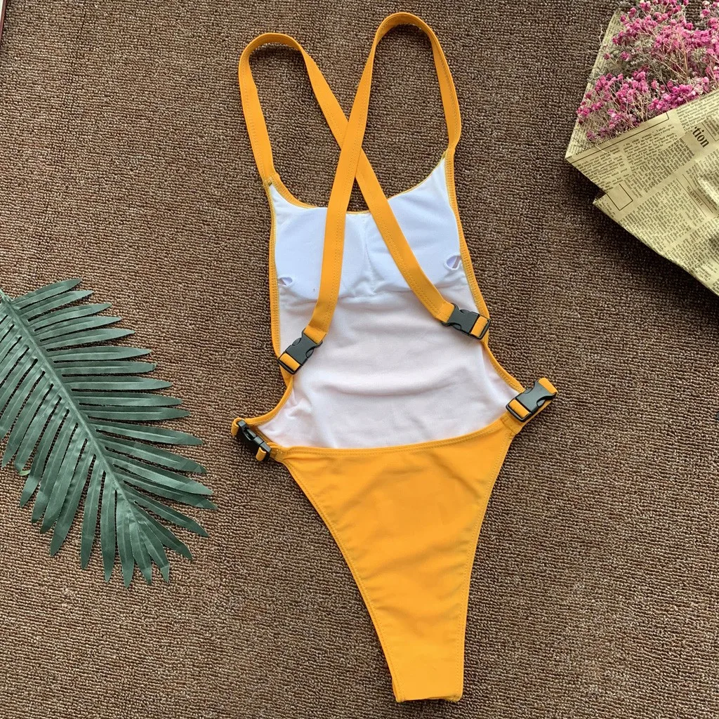 Женский Цельный купальник с пряжкой и открытой спиной спортивный стиль пляжная