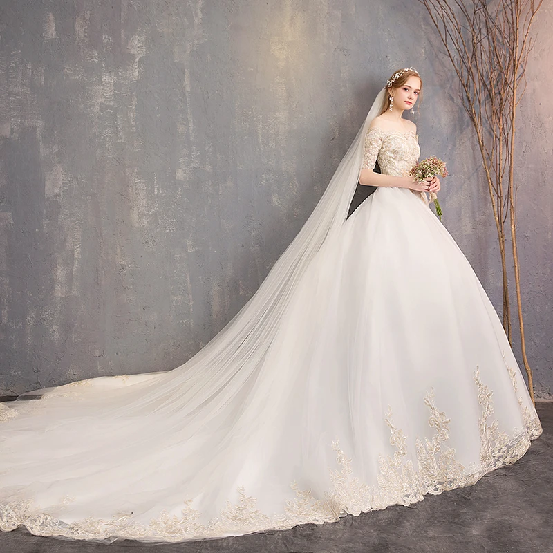 ILoveWedding 2019 новый стиль с открытыми плечами Золотая Кружевная аппликация на заказ