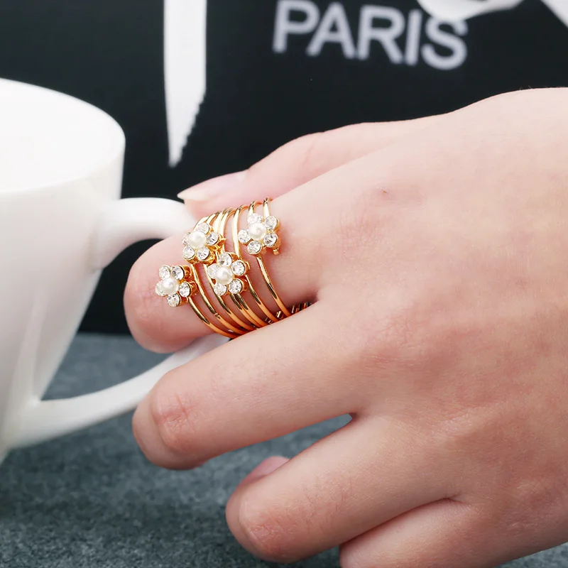 Women Flowers Pearl Layers Ring with Rhinestone Spiral Finger Evening Party Fashion Jewelry Cocktail | Украшения и аксессуары
