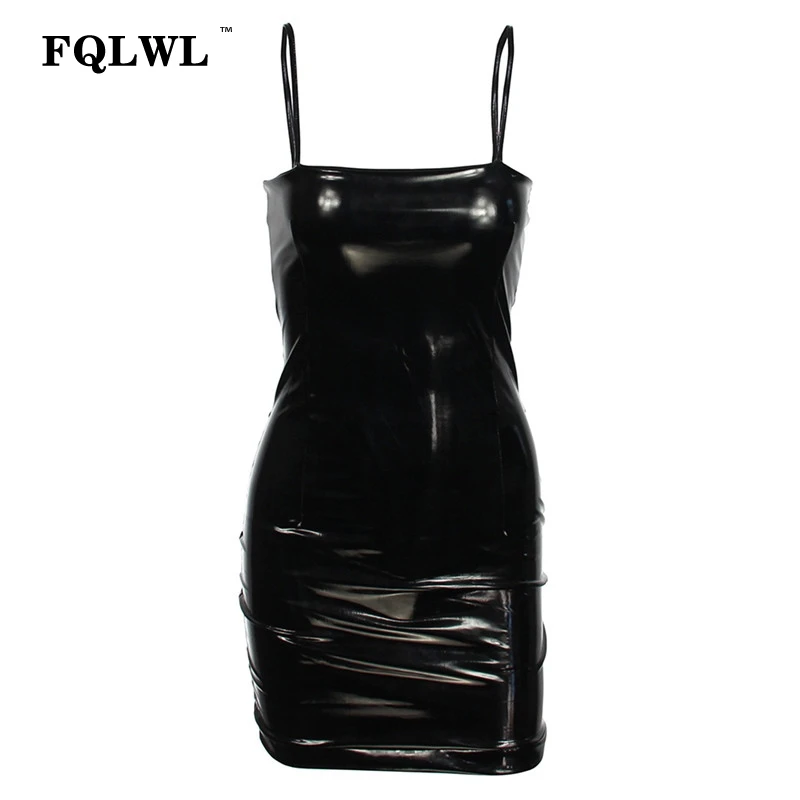 Женское платье на бретельках из искусственной кожи FQLWL Черное мини без бретелек с