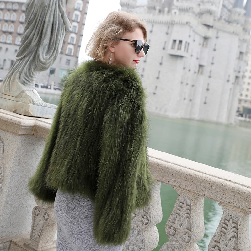 2019 Для женщин Реальные 100% Pure мех енота пальто вязаный из натуральной Меховая