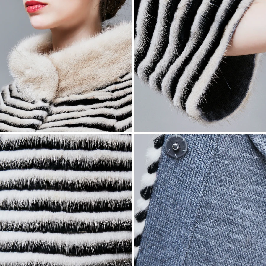 ZIRUNKING Classic Real Mink Fur Coat Female Long Natural Knitted Stripe Parka Autumn Warm Slim Shuba Fashion Clothing ZC1706 enlarge