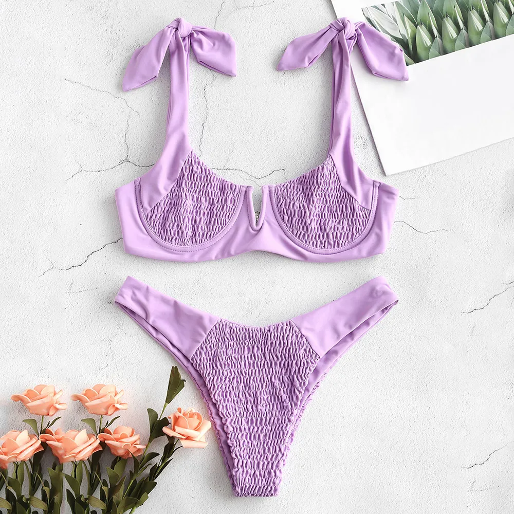 Женский купальник бикини ZAFUL однотонный купальный костюм на косточках с v