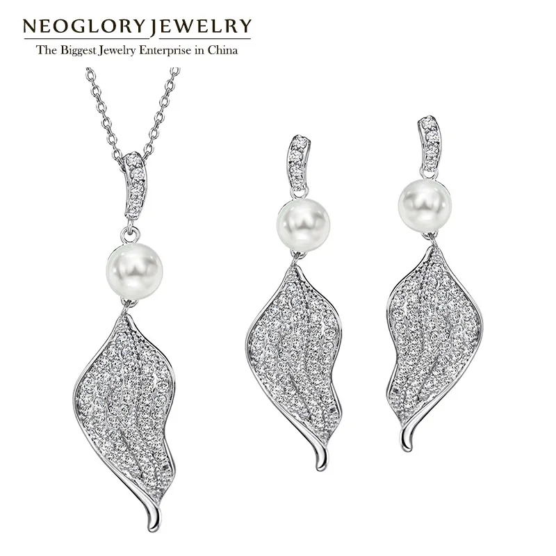 Neoglory AAA циркон белый лист модные ожерелья серьги гипоаллергенные индийские