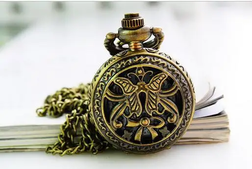 

10 pcs /lot Vintage style bronze Hollow out butterfly pattern Steampunk quartz Pocket watches necklace dial 2.5cm