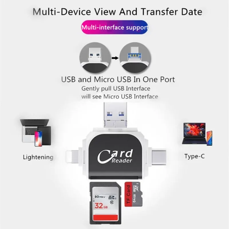 4 in 1 OTG Card Reader Micro USB C Memory Adapter SD TF for iPhone X 6 7 8 Samsung S8 Android Phone | Компьютеры и офис