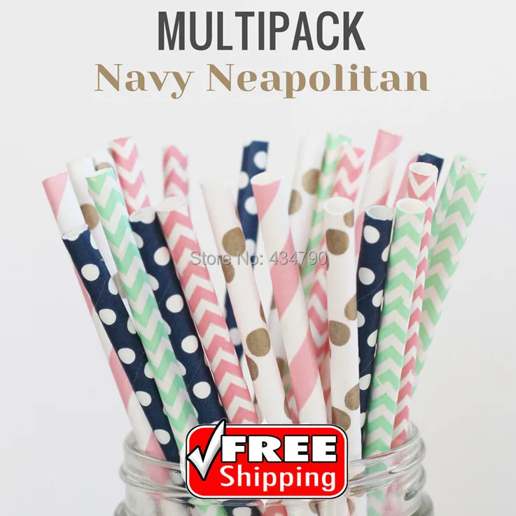 

250pcs Mixed 5 Designs NAVY NEAPOLITAN Paper Drinking Straws, Gold,Baby Pink,Mint,Deep Blue Striped,Polka Dot,Chevron