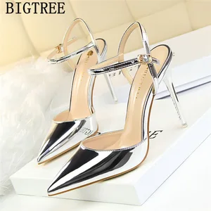 Туфли женские Bigtree, лакированная кожа, высокий каблук, пикантные, золотистые