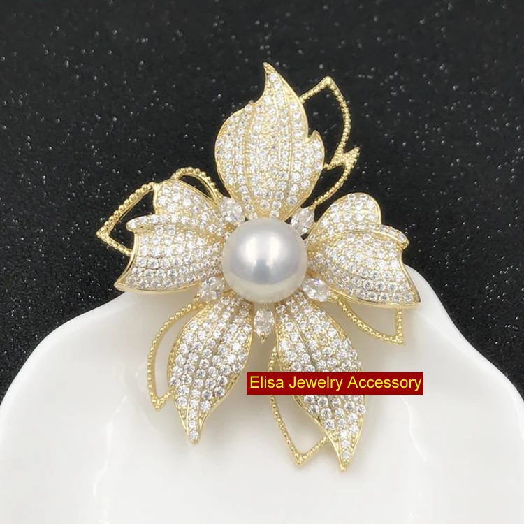 

Beautiful Flowers Pearl Breastpin Jewelry Findings Elegant Flora With Rhinestones Pearl Brooch Accessory Silver&Gold Color 2Pcs