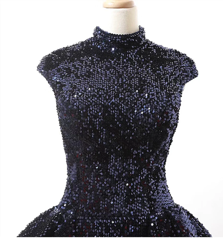 Robe De Soiree Новое Элегантное темно-синее вечернее платье с блестками длинное блестящее платье с высоким воротником для свадебной вечеринки Формальное YeWen