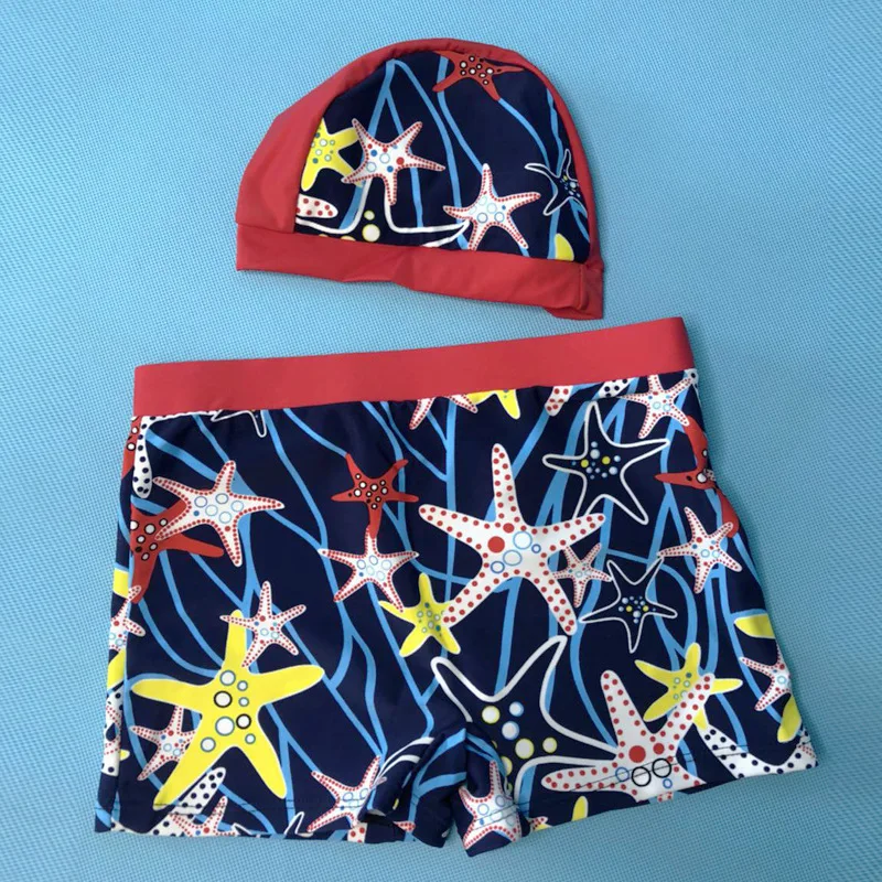 Summer Blue Printed Starfish Swimsuits Board Shorts+Cap for 2-10 Years Boy Children Kids Swimwear Swimming Exercises |
