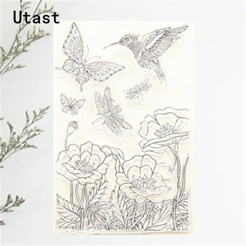 Прозрачные силиконовые штампы с изображением цветов птиц бабочек/прозрачные