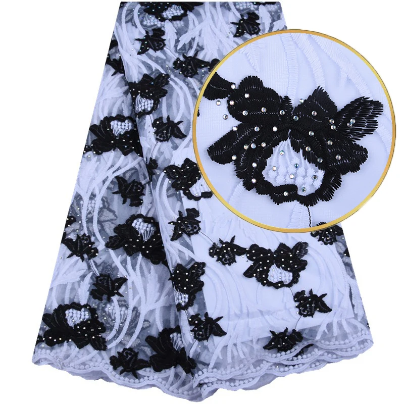 Новейшая чистая белая африканская молочная шелковая кружевная ткань с камнями