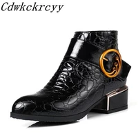 women boots autumn winter new style fashion sharp head patent leather belt buckle martin boots cashmere keep warm winter boots