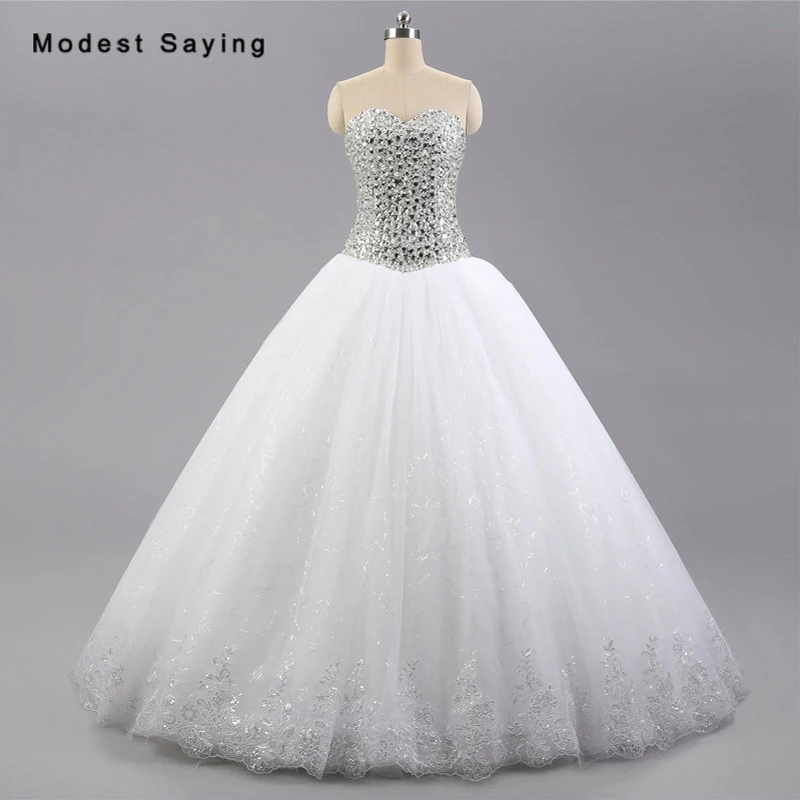 

Luxury White Ball Gown Sparkly Lace Wedding Dresses 2017 with Rhinestone Formal Women Bridal Gowns vestido de noiva Custom Made