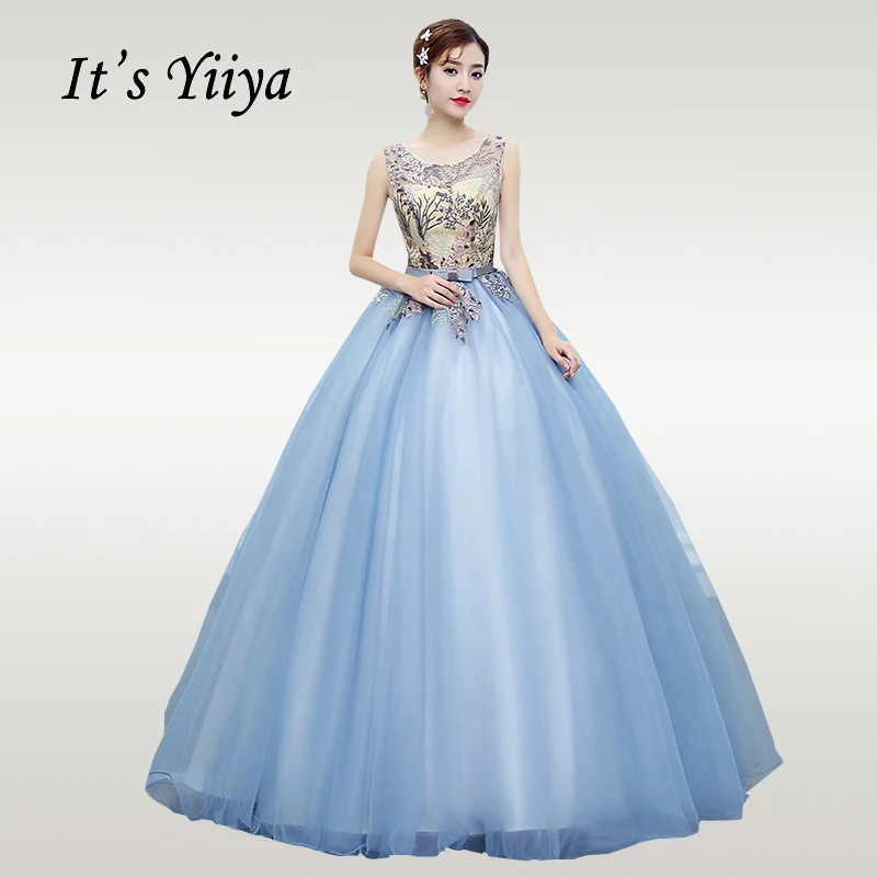 

It's YiiYa Wedding Dress 2019 Elegant Blue O-neck Sleeveless Wedding Dresses Floor Length Lace Plus Size Vestido de novia CH018