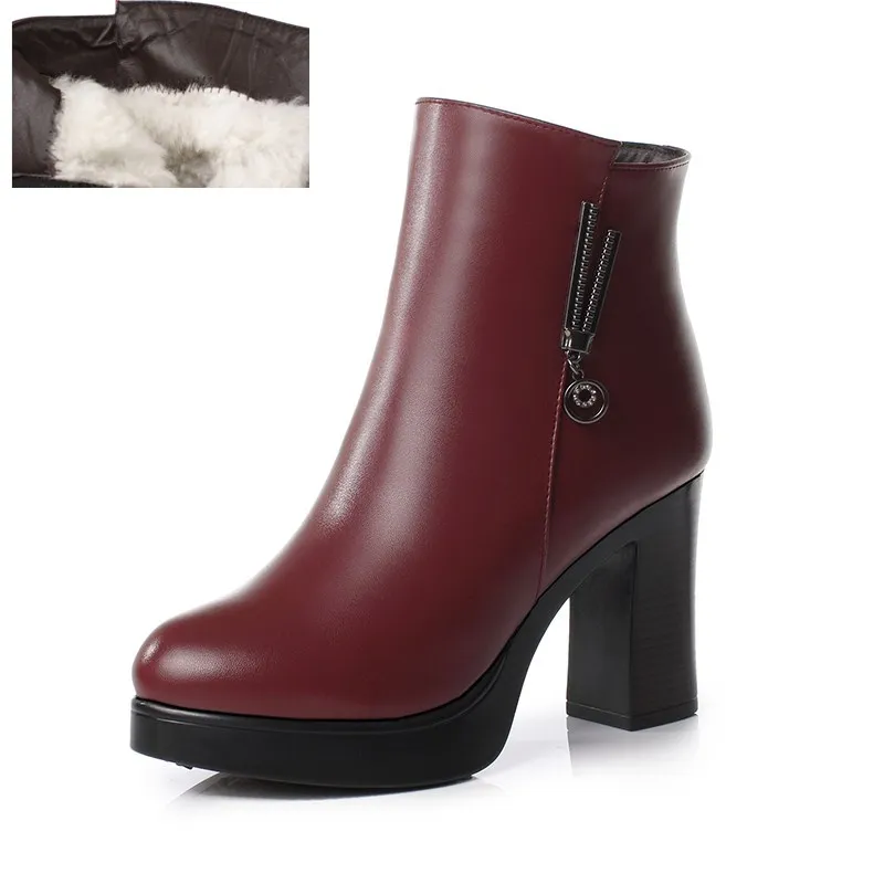 red wool AIYUQI; Новинка года; женские ботинки из натуральной кожи; австралийская Мода; плотная шерсть; теплые женские зимние ботинки; женские Ботинки martin на высоком каблуке - Цвет: red wool