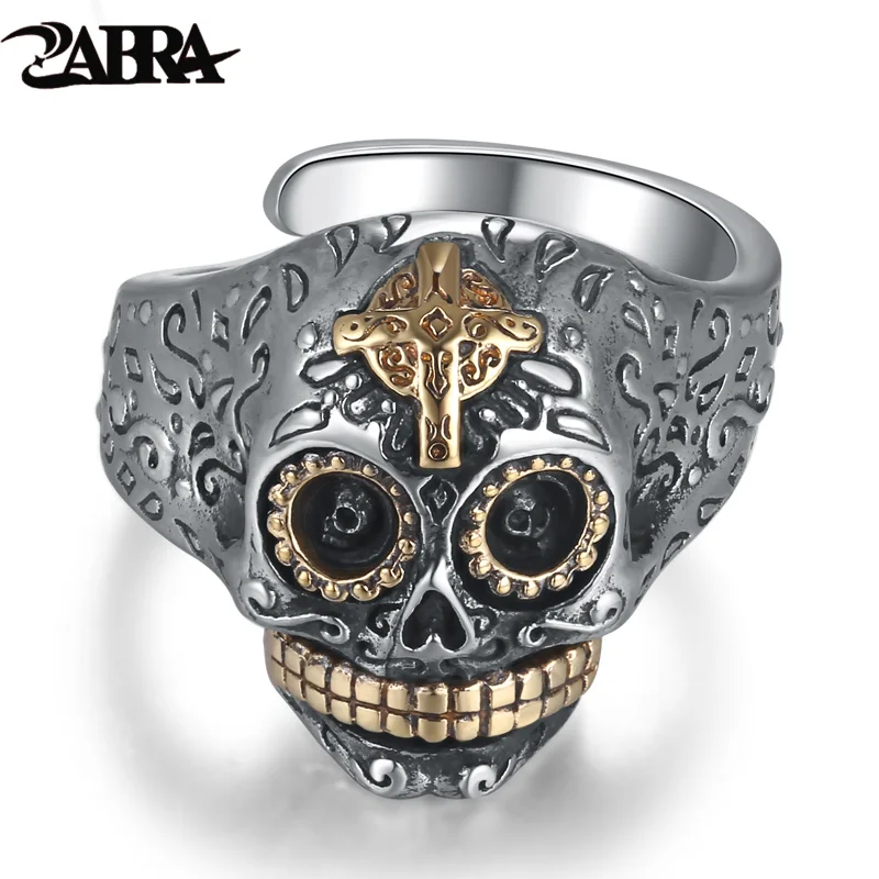 

ZABRA 925 Sterling Silver Skull Gold Color Cross Ring for Mens Vintage Punk Rock Gothic Bague Argent Men Jewelry Anel Masculino